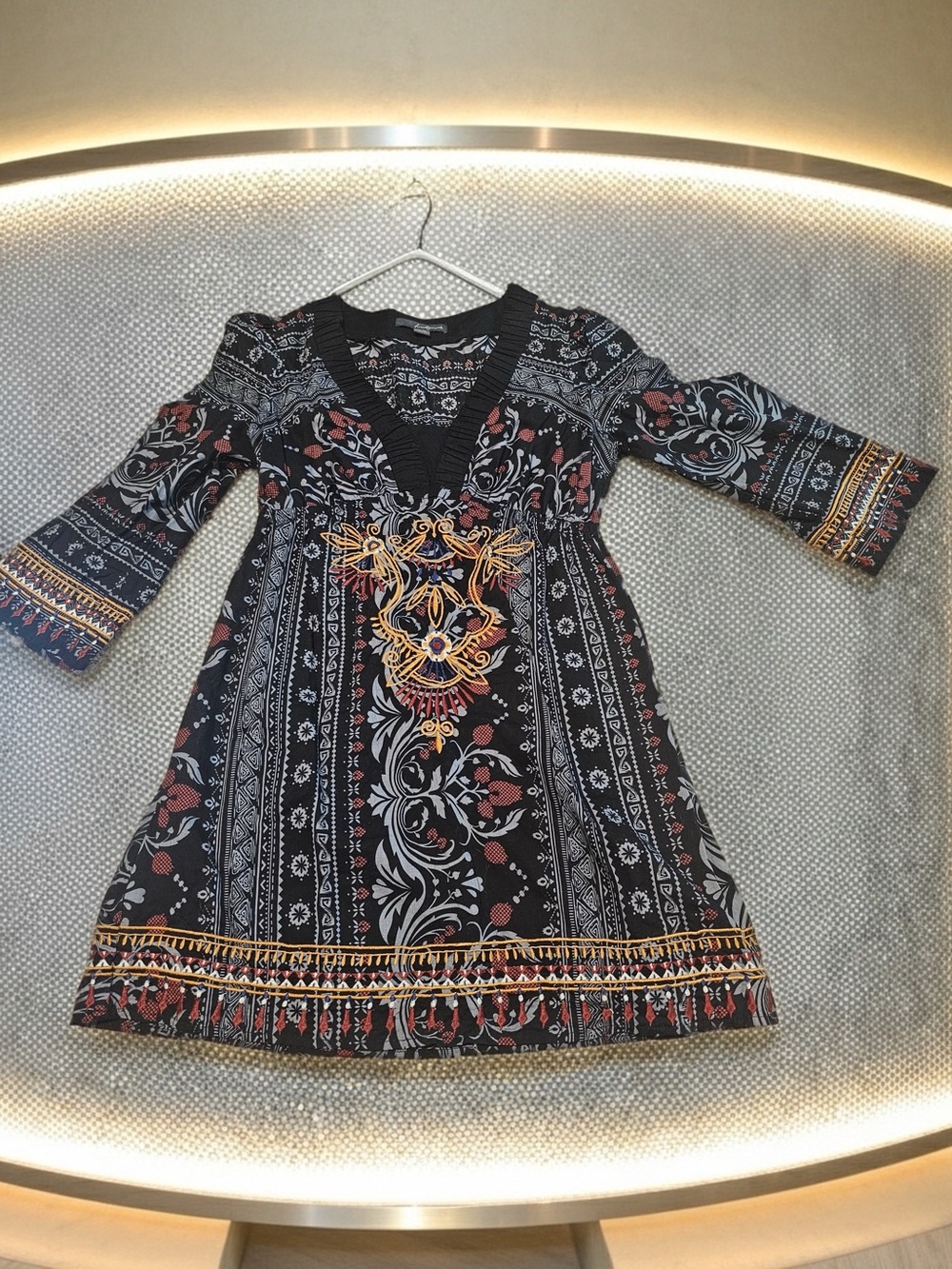 Twenty One Boho Embroidered Mini Dress Medium Black Floral Festival